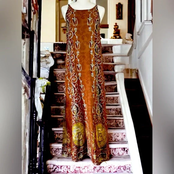 Vintage 90s Anthropologie 100% Cotton, Cameo Rococo Print Maxi Pillar Dress